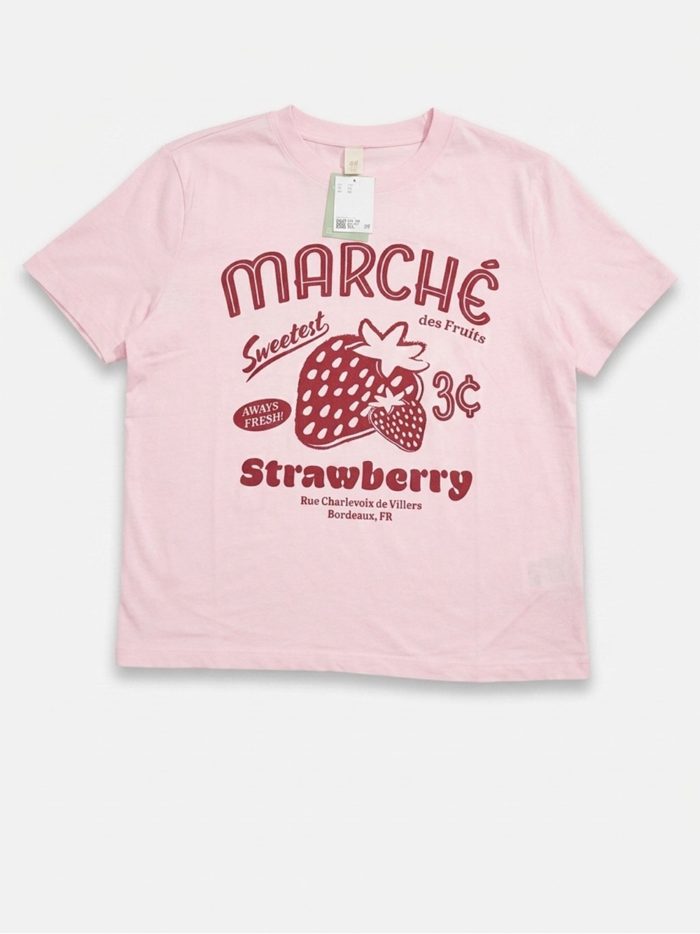 NWT H&M Pink Strawberry Marché Graphic T-Shirt XL Retro Fruit Tee